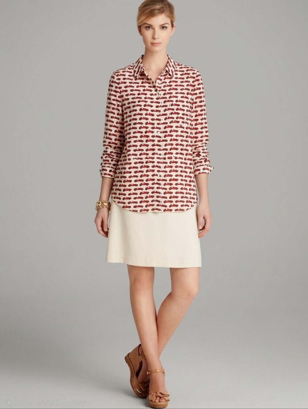 Kate Spade Silk Race Car Graphic Button Down Shirt Blouse Top Red White S